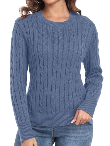 QIXING Damen Strickpullover mit Zopfmuster - Weicher Langarm Pullover mit Rundhals und Rippbündchen (Hellblau, L) von QIXING