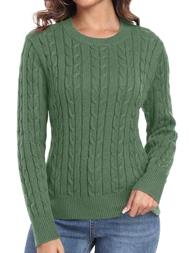 QIXING Damen Strickpullover mit Zopfmuster - Weicher Langarm Pullover mit Rundhals und Rippbündchen (Hellgrün, XL) von QIXING