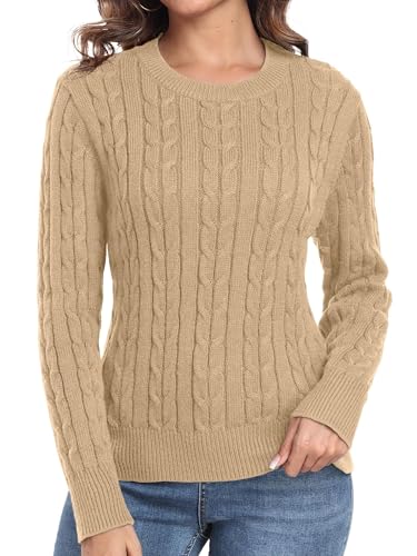 QIXING Damen Strickpullover mit Zopfmuster - Weicher Langarm Pullover mit Rundhals und Rippbündchen (Khaki, M) von QIXING