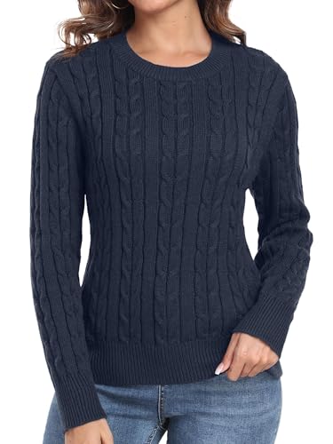 QIXING Damen Strickpullover mit Zopfmuster - Weicher Langarm Pullover mit Rundhals und Rippbündchen (Marineblau, 2XL) von QIXING