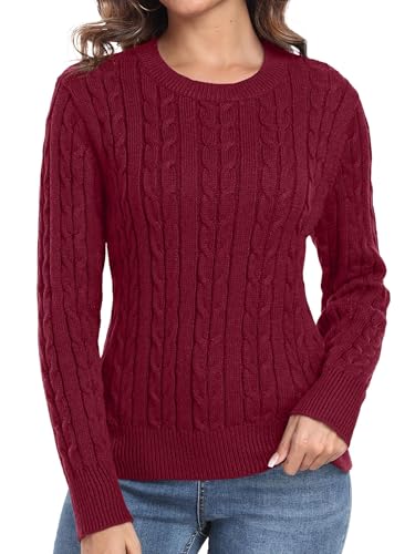 QIXING Damen Strickpullover mit Zopfmuster - Weicher Langarm Pullover mit Rundhals und Rippbündchen (Rot, 2XL) von QIXING