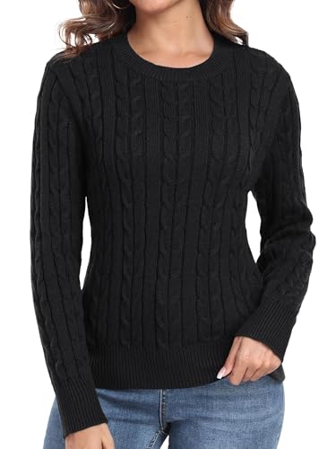QIXING Damen Strickpullover mit Zopfmuster - Weicher Langarm Pullover mit Rundhals und Rippbündchen (Schwarz, M) von QIXING