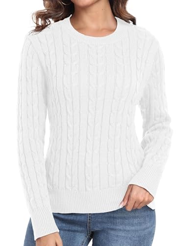 QIXING Damen Strickpullover mit Zopfmuster - Weicher Langarm Pullover mit Rundhals und Rippbündchen (Weiß, 2XL) von QIXING