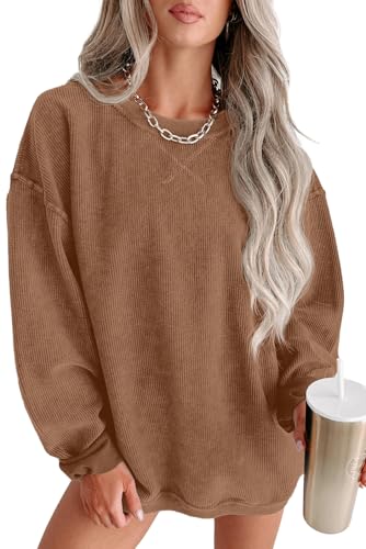 QIXING Damen Sweatshirt Oversize Pullover Rundhals Baumwollpullover Langarm Cordpullover Tops Herbst Mode Outfits 2025(Braun, M) von QIXING