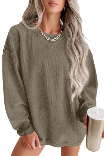 QIXING Damen Sweatshirt Oversize Pullover Rundhals Baumwollpullover Langarm Cordpullover Tops Herbst Mode Outfits 2025(Dunkles Khaki, S) von QIXING