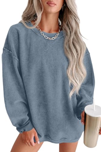 QIXING Damen Sweatshirt Oversize Pullover Rundhals Baumwollpullover Langarm Cordpullover Tops Herbst Mode Outfits 2025(Haze Blau, S) von QIXING
