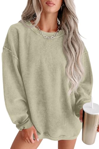 QIXING Damen Sweatshirt Oversize Pullover Rundhals Baumwollpullover Langarm Cordpullover Tops Herbst Mode Outfits 2025(Hellgrün, L) von QIXING