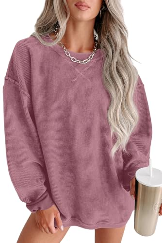 QIXING Damen Sweatshirt Oversize Pullover Rundhals Baumwollpullover Langarm Cordpullover Tops Herbst Mode Outfits 2025(Rosa, XXL) von QIXING