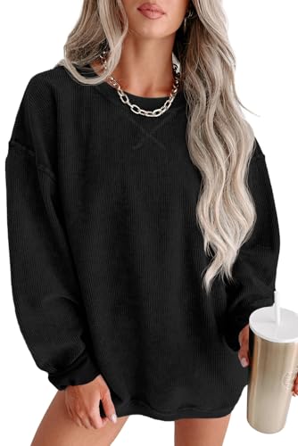 QIXING Damen Sweatshirt Oversize Pullover Rundhals Baumwollpullover Langarm Cordpullover Tops Herbst Mode Outfits 2025(Schwarz, S) von QIXING