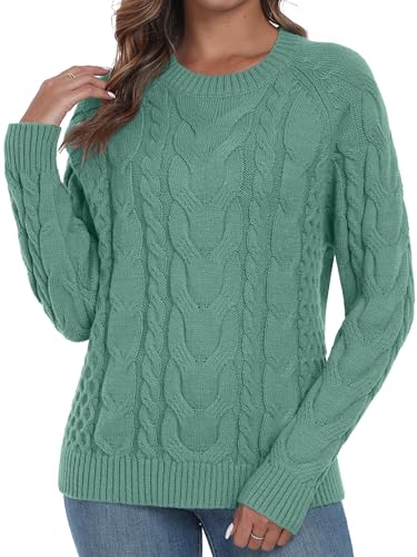 QIXING Damen Zopfmuster Pullover Rundhals Strickpullover Elegant Langarm Winter Pulli Damen (Aqua Grün, XL) von QIXING