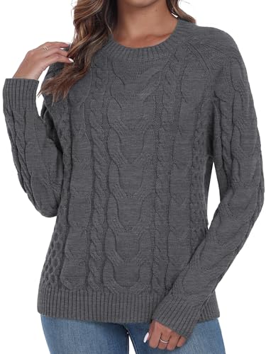 QIXING Damen Zopfmuster Pullover Rundhals Strickpullover Elegant Langarm Winter Pulli Damen (Dunkelgrau, M) von QIXING