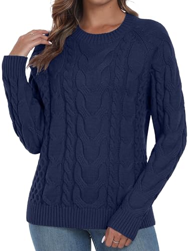 QIXING Damen Zopfmuster Pullover Rundhals Strickpullover Elegant Langarm Winter Pulli Damen (Marineblau, L) von QIXING
