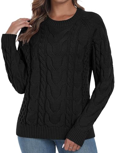 QIXING Damen Zopfmuster Pullover Rundhals Strickpullover Elegant Langarm Winter Pulli Damen (Schwarz, XL) von QIXING