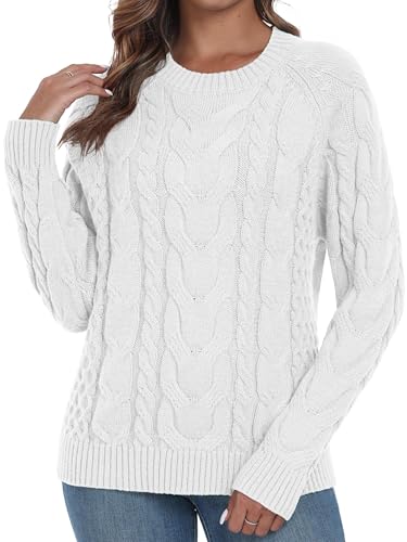 QIXING Damen Zopfmuster Pullover Rundhals Strickpullover Elegant Langarm Winter Pulli Damen (Weiß, 2XL) von QIXING