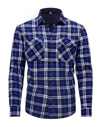 QIXING Flanellhemd Herren Holzfällerhemd Gefüttert Karohemd Herren Fleece Warm Langarm Freizeitjacke(Blau Weiß, M) von QIXING