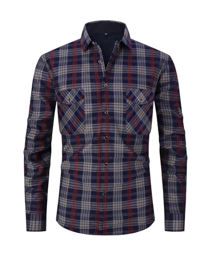 QIXING Flanellhemd Herren Holzfällerhemd Gefüttert Karohemd Herren Fleece Warm Langarm Freizeitjacke(Grau Rot, M) von QIXING