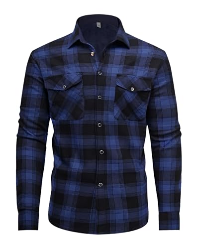 QIXING Flanellhemd Herren Holzfällerhemd Gefüttert Karohemd Herren Fleece Warm Langarm Freizeitjacke(Schwarz Blau, XXL) von QIXING