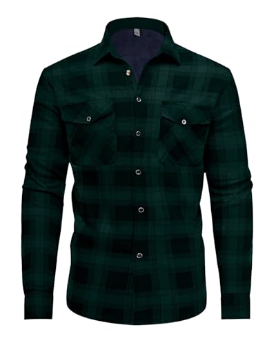 QIXING Flanellhemd Herren Holzfällerhemd Gefüttert Karohemd Herren Fleece Warm Langarm Freizeitjacke(Schwarz Dunkelgrün, XL) von QIXING