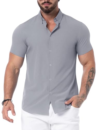 QIXING Hemd Kurzarm Herren Sommer Button Down Shirt Herren Sommerhemd Herren Kurzarm Slim Fit Short Sleeve Strand Shirts(Dunkelgrau, M) von QIXING