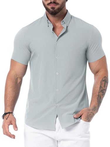 QIXING Hemd Kurzarm Herren Sommer Button Down Shirt Herren Sommerhemd Herren Kurzarm Slim Fit Short Sleeve Strand Shirts(Graublau, L) von QIXING