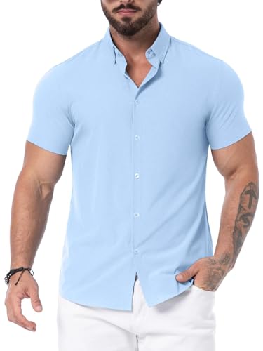 QIXING Hemd Kurzarm Herren Sommer Button Down Shirt Herren Sommerhemd Herren Kurzarm Slim Fit Short Sleeve Strand Shirts(Hellblau, L) von QIXING