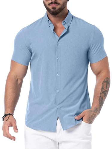 QIXING Hemd Kurzarm Herren Sommer Button Down Shirt Slim Fit Short Sleeve Strand Shirts (VG Himmelblau, L) von QIXING