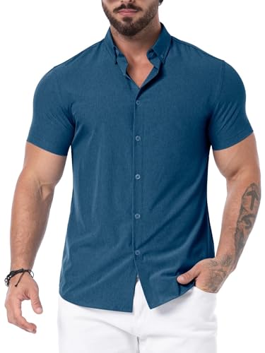 QIXING Hemd Kurzarm Herren Sommer Button Down Shirt Herren Sommerhemd Herren Kurzarm Slim Fit Short Sleeve Strand Shirts(VG Meeresblau, L) von QIXING