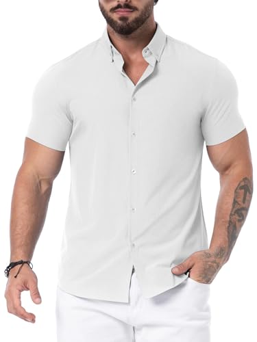 QIXING Hemd Kurzarm Herren Sommer Button Down Shirt Slim Fit Short Sleeve Strand Shirts (Weiß, XXL) von QIXING