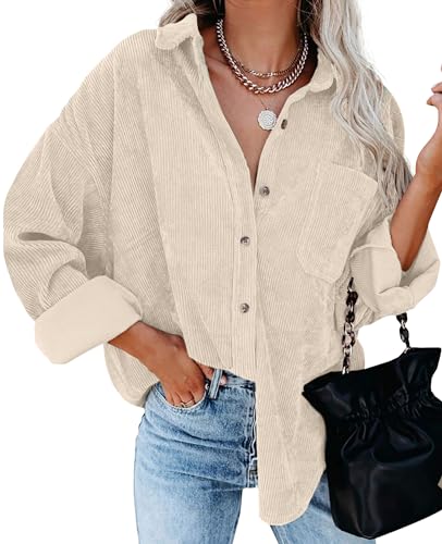QIXING Hemdjacke Damen Herbst Winter Oversized Button Down Corduroy Dünne Jacket Cordjacke Damen Cord Hemd V-Ausschnitt Langarm Bluse mit Tasche Casual Jacke Musselin Bluse Damen (Beige, L) von QIXING