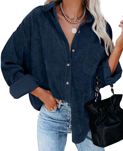 QIXING Hemdjacke Damen Herbst Winter Oversized Button Down Corduroy Dünne Jacket Cordjacke Damen Cord Hemd V-Ausschnitt Langarm Bluse mit Tasche Casual Jacke Musselin Bluse Damen (Blau, M) von QIXING