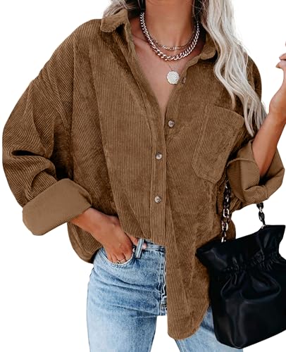 QIXING Hemdjacke Damen Herbst Winter Oversized Button Down Corduroy Dünne Jacket Cordjacke Damen Cord Hemd V-Ausschnitt Langarm Bluse mit Tasche Casual Jacke Musselin Bluse Damen (Braun, L) von QIXING