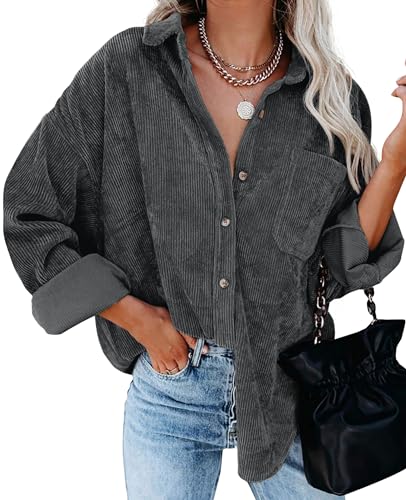 QIXING Hemdjacke Damen Herbst Winter Oversized Button Down Corduroy Dünne Jacket Cordjacke Damen Cord Hemd V-Ausschnitt Langarm Bluse mit Tasche Casual Jacke Musselin Bluse Damen (Grau, XXL) von QIXING