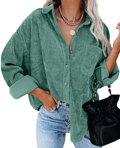 QIXING Hemdjacke Damen Herbst Winter Oversized Button Down Corduroy Dünne Jacket Cordjacke Damen Cord Hemd V-Ausschnitt Langarm Bluse mit Tasche Casual Jacke Musselin Bluse Damen (Grün, M) von QIXING