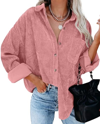 QIXING Hemdjacke Damen Herbst Winter Oversized Button Down Corduroy Dünne Jacket Cordjacke Damen Cord Hemd V-Ausschnitt Langarm Bluse mit Tasche Casual Jacke Musselin Bluse Damen (Rosa, XXL) von QIXING