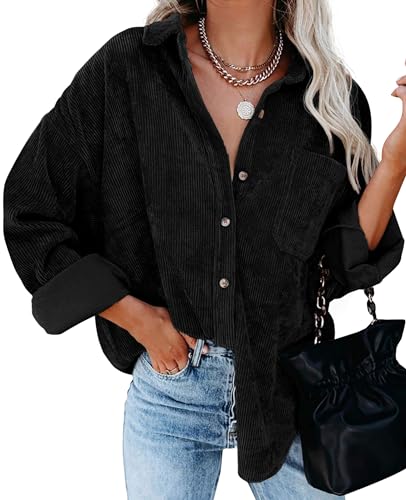 QIXING Hemdjacke Damen Herbst Winter Oversized Button Down Corduroy Dünne Jacket Cordjacke Damen Cord Hemd V-Ausschnitt Langarm Bluse mit Tasche Casual Jacke Musselin Bluse Damen (Schwarz, XXL) von QIXING