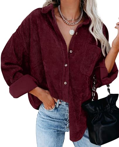 QIXING Hemdjacke Damen Herbst Winter Oversized Button Down Corduroy Dünne Jacket Cordjacke Damen Cord Hemd V-Ausschnitt Langarm Bluse mit Tasche Casual Jacke Musselin Bluse Damen (Weinrot, M) von QIXING