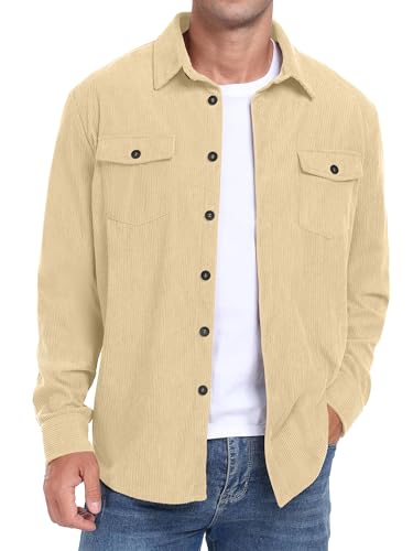 QIXING Herren Cordhemd Langarm Button Down Freizeithemd Regular Fit Jacke Herbst Winter Mantel mit Klappentaschen (Aprikose, M) von QIXING