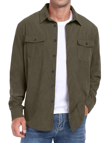 QIXING Herren Cordhemd Langarm Button Down Freizeithemd Regular Fit Jacke Herbst Winter Mantel mit Klappentaschen (Armeegrün, S) von QIXING