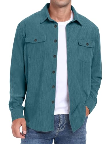 QIXING Herren Cordhemd Langarm Button Down Freizeithemd Regular Fit Jacke Herbst Winter Mantel mit Klappentaschen (Blau Grün, XXL) von QIXING