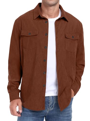 QIXING Herren Cordhemd Langarm Button Down Freizeithemd Regular Fit Jacke Herbst Winter Mantel mit Klappentaschen (Braun, L) von QIXING