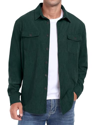 QIXING Herren Cordhemd Langarm Button Down Freizeithemd Regular Fit Jacke Herbst Winter Mantel mit Klappentaschen (Dunkelgrün, L) von QIXING