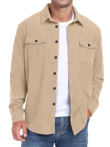 QIXING Herren Cordhemd Langarm Button Down Freizeithemd Regular Fit Jacke Herbst Winter Mantel mit Klappentaschen (Gelb, M) von QIXING