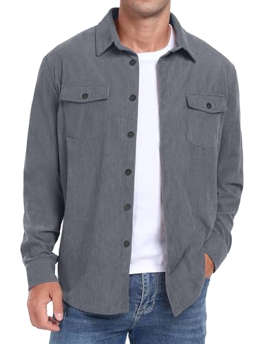 QIXING Herren Cordhemd Langarm Button Down Freizeithemd Regular Fit Jacke Herbst Winter Mantel mit Klappentaschen (Grau, XL) von QIXING
