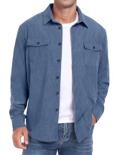 QIXING Herren Cordhemd Langarm Button Down Freizeithemd Regular Fit Jacke Herbst Winter Mantel mit Klappentaschen (Hellblau, L) von QIXING