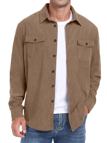 QIXING Herren Cordhemd Langarm Button Down Freizeithemd Regular Fit Jacke Herbst Winter Mantel mit Klappentaschen (Hellbraun, L) von QIXING