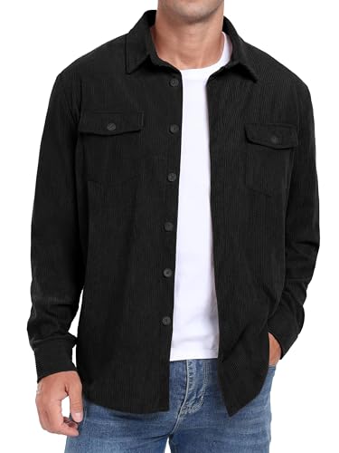 QIXING Herren Cordhemd Langarm Button Down Freizeithemd Regular Fit Jacke Herbst Winter Mantel mit Klappentaschen (Schwarz, XXL) von QIXING