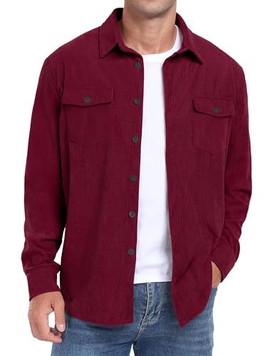 QIXING Herren Cordhemd Langarm Button Down Freizeithemd Regular Fit Jacke Herbst Winter Mantel mit Klappentaschen (Weinrot, M) von QIXING