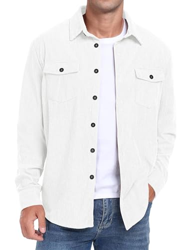 QIXING Herren Cordhemd Langarm Button Down Freizeithemd Regular Fit Jacke Herbst Winter Mantel mit Klappentaschen (Weiß, L) von QIXING