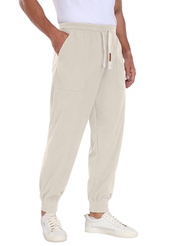 QIXING Herren Cordhose Baggy Casual Baumwolle Cargo Hose mit Kordelzug Elastischem Bund Jogginghose Relaxed Fit mit 5 Taschen(Beige, S) von QIXING