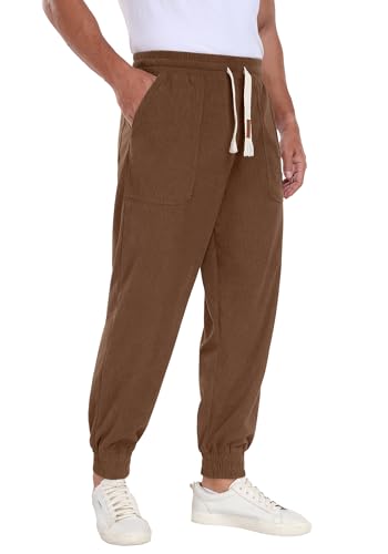 QIXING Herren Cordhose Baggy Casual Baumwolle Cargo Hose mit Kordelzug Elastischem Bund Jogginghose Relaxed Fit mit 5 Taschen(Braun, S) von QIXING